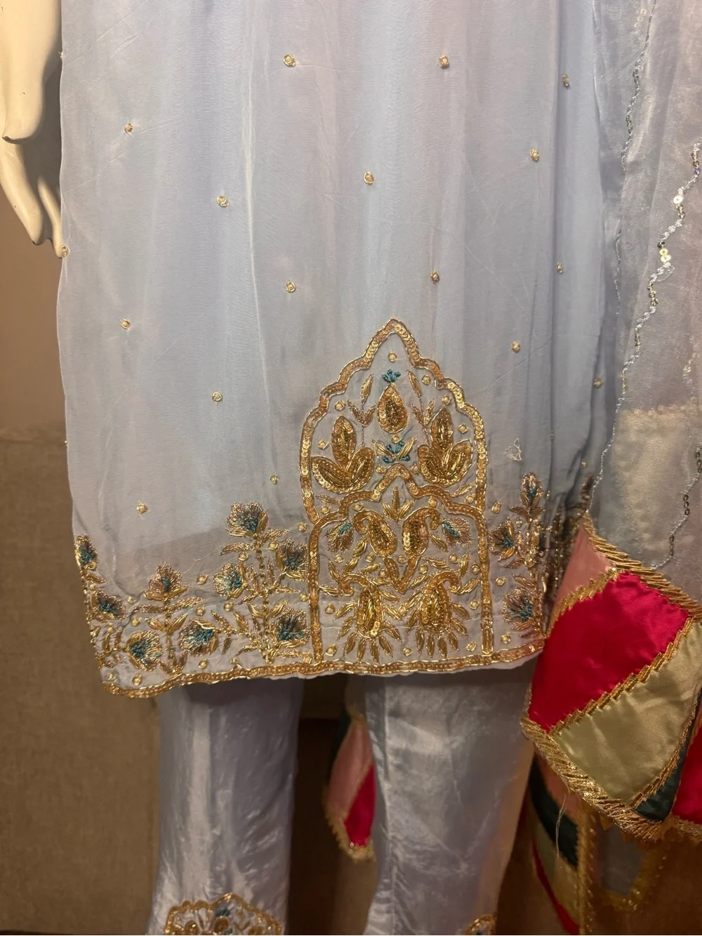 Light Blue Embroidered Salwar Kameez with Multi-Color Border Dupatta Small - Picture 5 of 6
